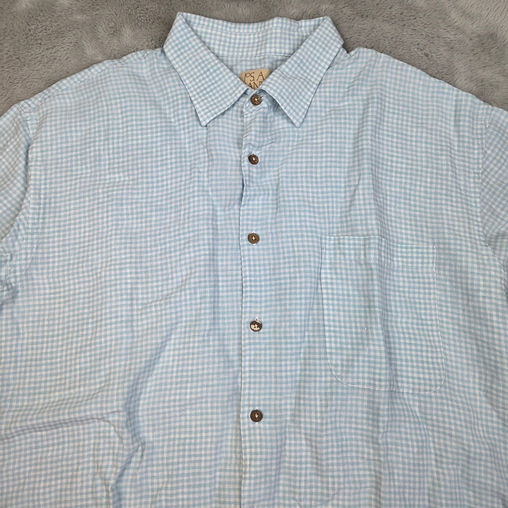 Jos. A. Bank Linen Shirt Mens XL SS Gingham Check Button Down Blue White Shirt